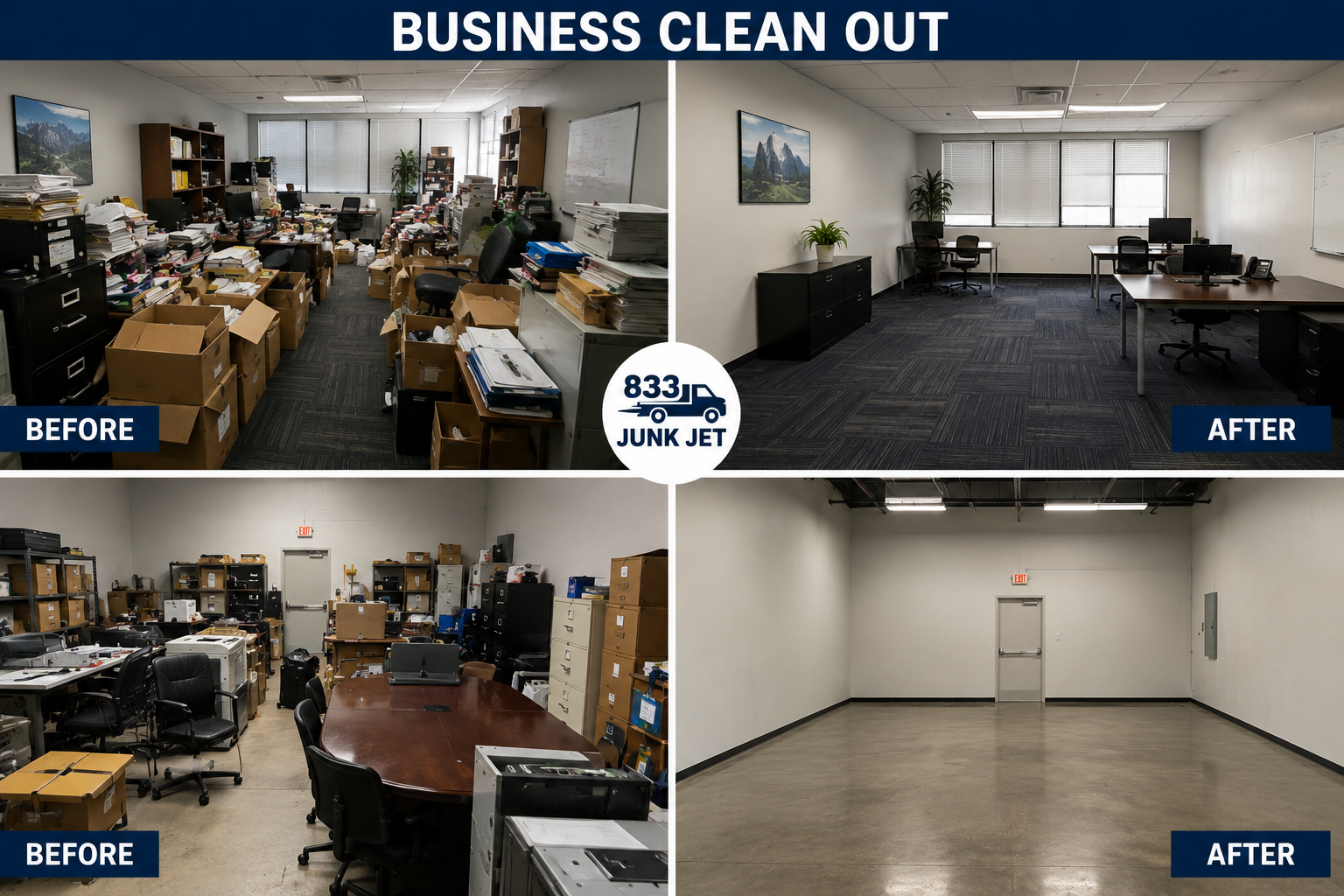 Before and after business office cleanout by 833 Junk Jet in the Bay Area