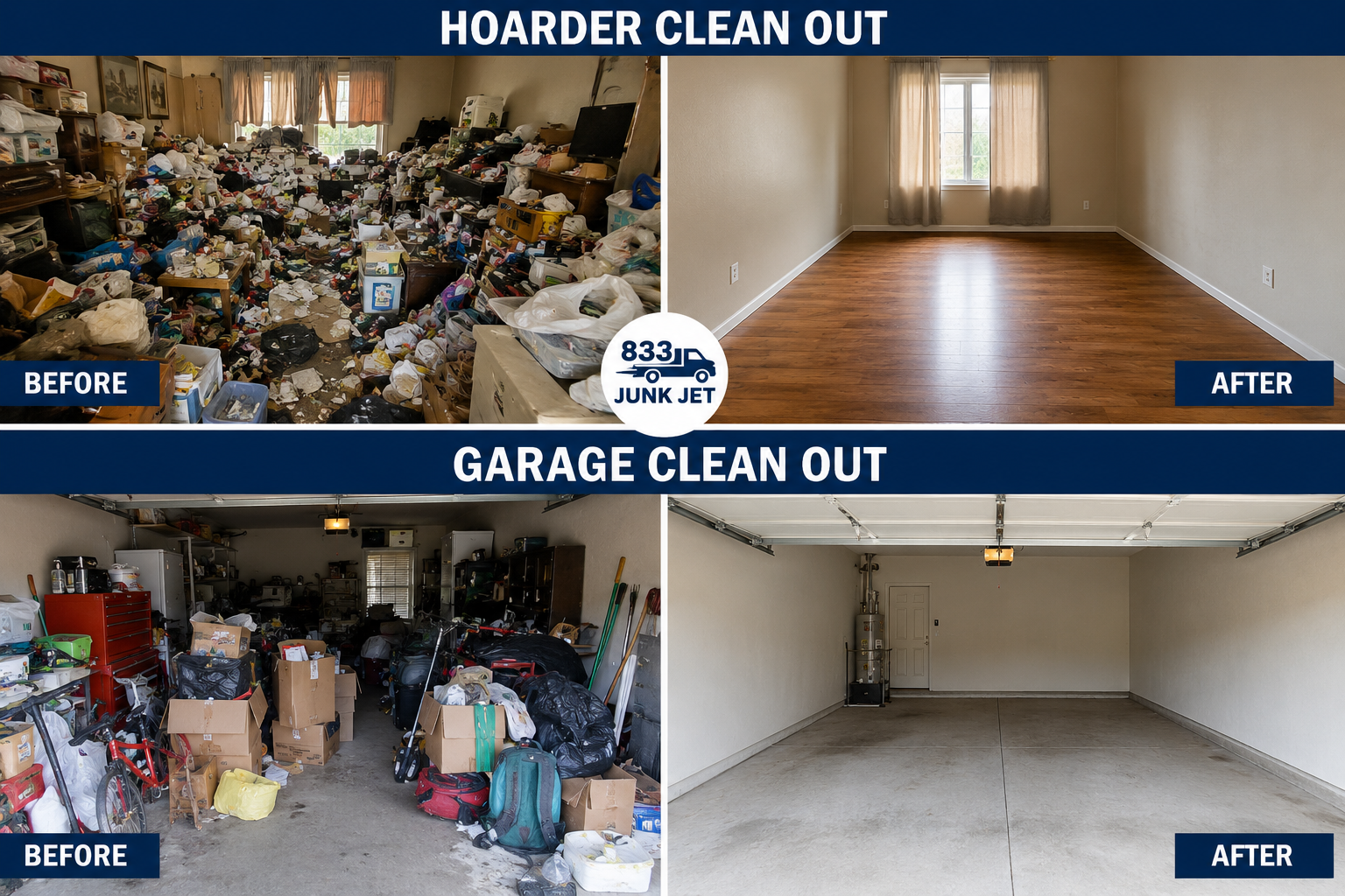 Before and after hoarder cleanout and garage cleanout by 833 Junk Jet in San Jose